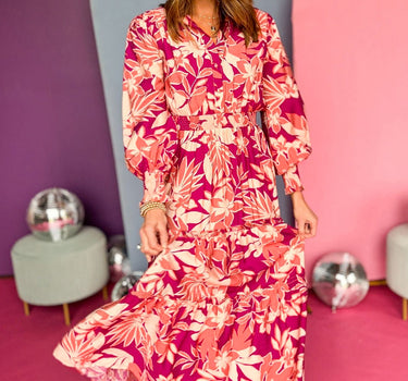 Rose Floral Print Buttoned Smocked High Waist Maxi Dress