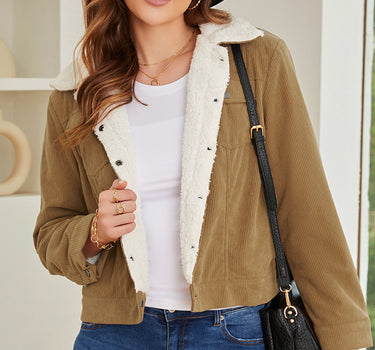 Khaki Corduroy Sherpa Snap Button Flap Jacket