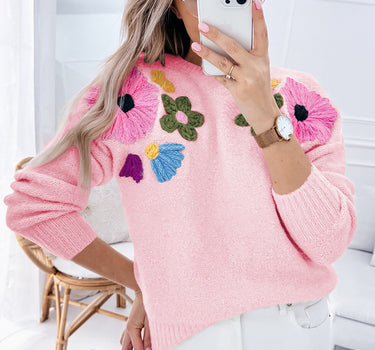 Pink Knitted Flower Pattern Ribbed Edge Sweater