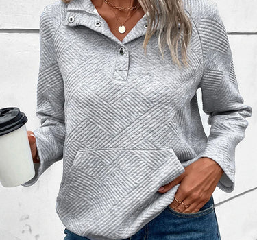 Light Grey Textured Knit Buttoned Kangaroo Pocket Sweatshirt