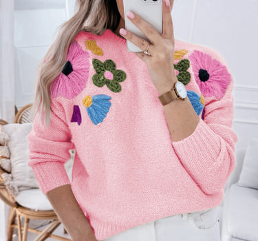 Pink Knitted Flower Pattern Ribbed Edge Sweater