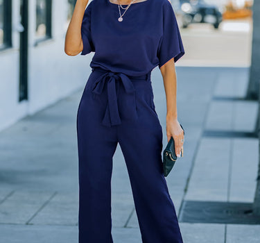 Blue Belted Wide Leg Jumpsuit