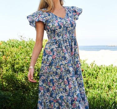 Vintage Garden Floral Flutter Smocking Midi Dress