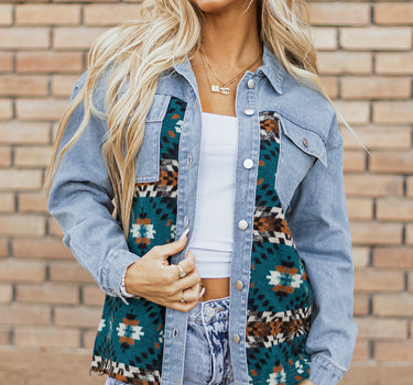 Blue Aztec Printed Denim Jacket