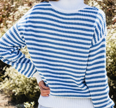 Sky Blue Stripe Zip up Collar Drop Shoulder Sweater