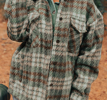 Mist Green Plaid Print Chest Pockets Turn Down Collar Shacket