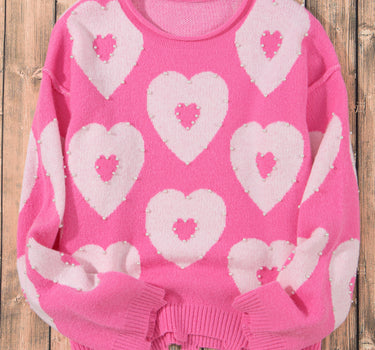 Bonbon Pearl Beaded Heart Drop Shoulder Sweater