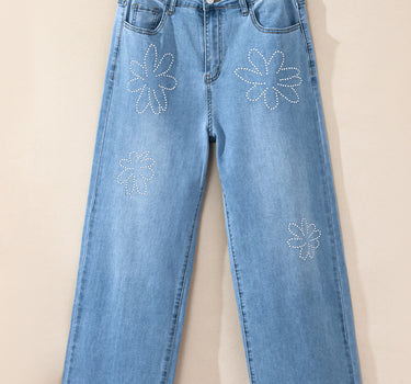 Light Blue Floral Rhinestone Decor High Rise Wide Leg Jeans