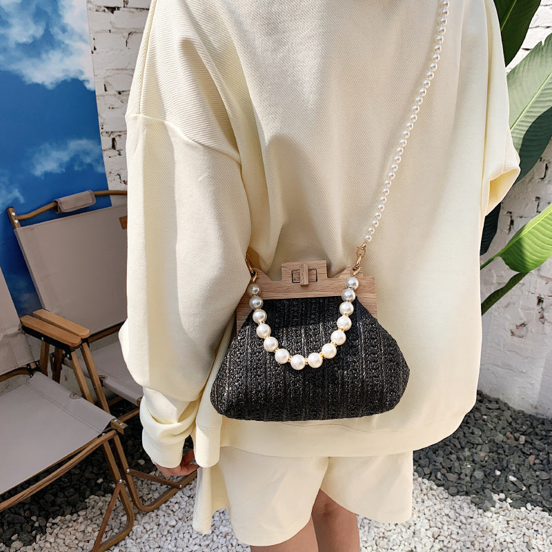Women's small straw solid color streetwear pearls lock clasp straw bag