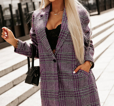 Pink Plaid Lapel Collar One Button Midi Coat