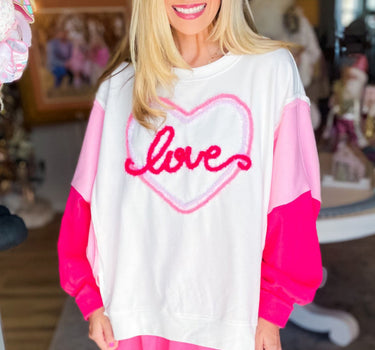 White Tinsel Love Heart Graphic Color Block Sleeve Sweatshirt