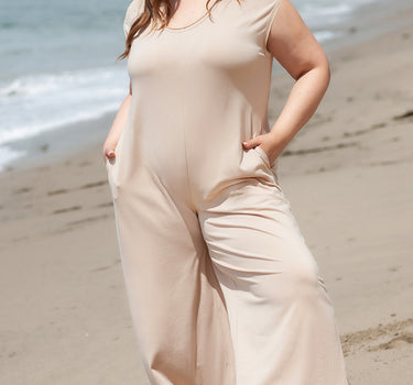 Light French Beige Cap Sleeve Round Neck Curvy Wide Leg Jumpsuit