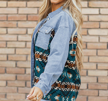 Blue Aztec Printed Denim Jacket