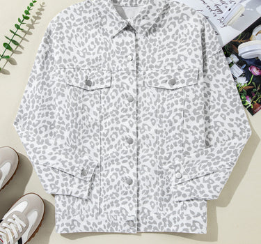 White Leopard Printed Flap Pocket Denim Jacket