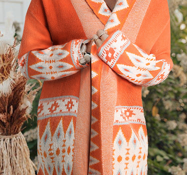 Orange Printed Aztec Print Open Front Knitted Cardigan