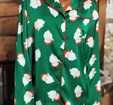 Green Christmas Santa Claus Print Satin Shirt and Shorts Pajama Set