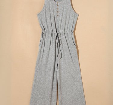 Gray Ribbed Knit Buttons Drawstring Sleeveless Jumpsuit