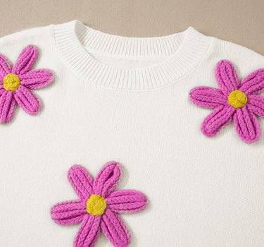 White Plus Size Flower Crochet Drop Shoulder Knit Sweater