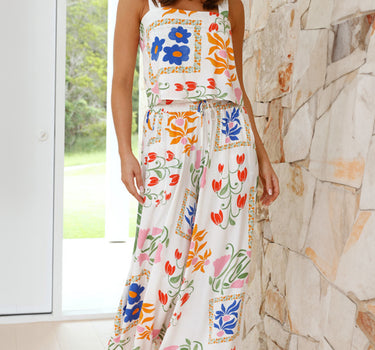 White Colorful Printed Square Neck Tank and Wide Leg Pants Set