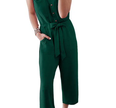 Green Buttoned Sleeveless Cropped Jumpsuit with Sash