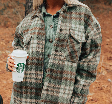 Mist Green Plaid Print Chest Pockets Turn Down Collar Shacket