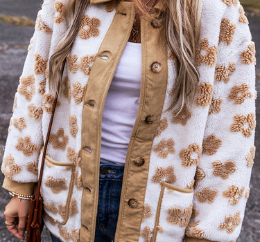 Light French Beige Cute Flower Pattern Button Up Fleece Jacket