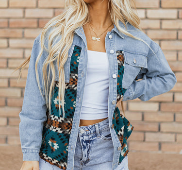 Blue Aztec Printed Denim Jacket