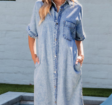 Light Blue Loose Medium Wash Short Sleeve Shirt Chambray Dress