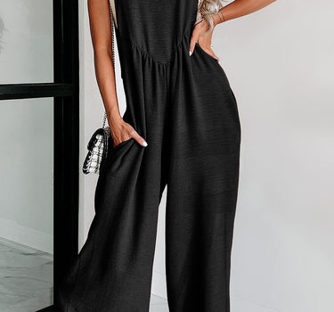 Black Textured Buttoned Straps Ruched Wide Leg Jumpsuit