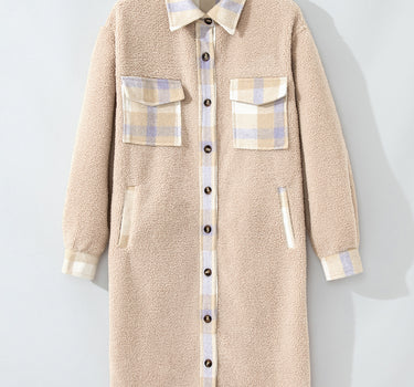 Smoke Gray Plaid Patchwork Collared Button-up Sherpa Long Coat