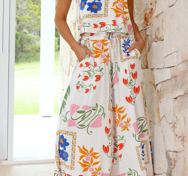 White Colorful Printed Square Neck Tank and Wide Leg Pants Set