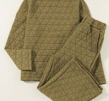 Sage Green Solid Quilted Pullover and Pants Outfit