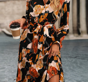 Multicolor Floral Print Waist Tie Pleated Midi Shirt Dress