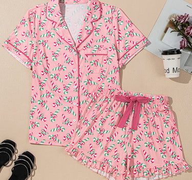 Pink Christmas Candy Cane Print Pocketed Knotted Pajama Set