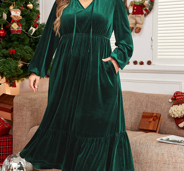 Blackish Green Velvet Frilled up Neck Ruffled High Waist Plus Size Midi Dress