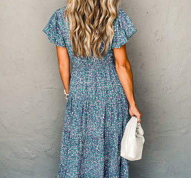 Blue Printed V Neck Shirred Short Puff Sleeve Maxi Dress