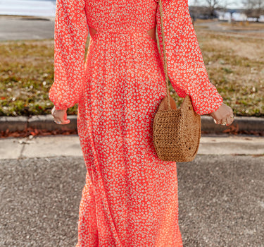 Red Floral Long Puff Sleeve V Neck Hollow Out Dress