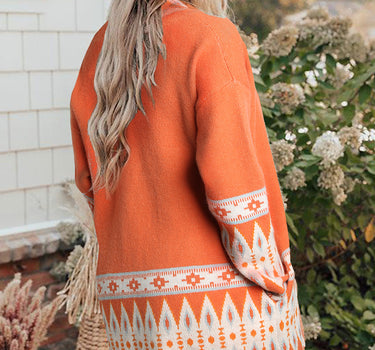 Orange Printed Aztec Print Open Front Knitted Cardigan