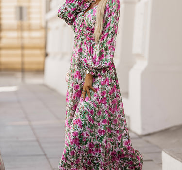 Green Floral Print Deep V Neck Ruched Cinched Waist Maxi Dress