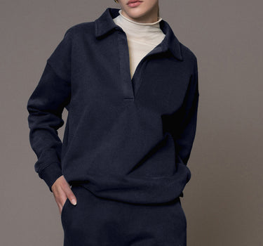 Navy Blue Fold Down Collar Pullover and Joggers Tracksuit