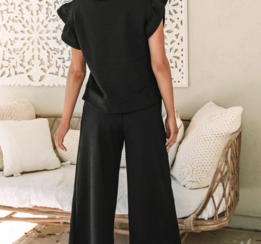 Black Textured Flutter Sleeve Top Wide Leg Pants Set