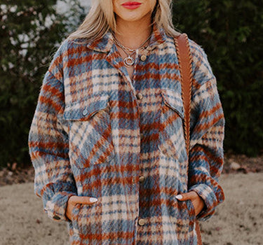 Cinnamon Plaid Print Chest Pockets Turn Down Collar Shacket