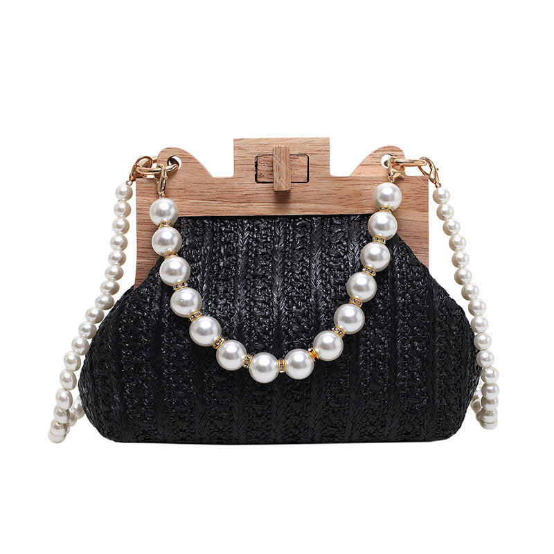 Women's small straw solid color streetwear pearls lock clasp straw bag