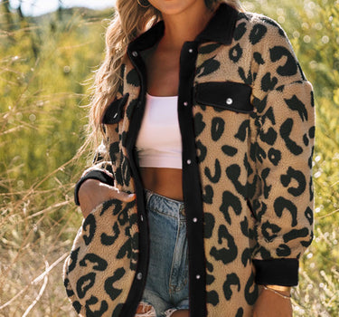 Black Contrast Trimmed Leopard Teddy Shacket