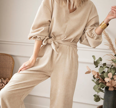 Jolene Apricot Keyhole Back V Neck Tie Waist Loose Jumpsuit