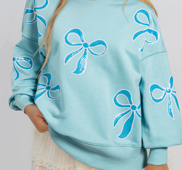 Beau Blue Sequined Bowknot Drop Shoulder Oversized Sweatshirt