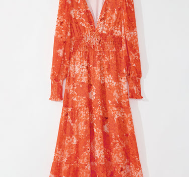 Orange Boho Floral Bishop Sleeve V Neck Tiered Maxi Dress