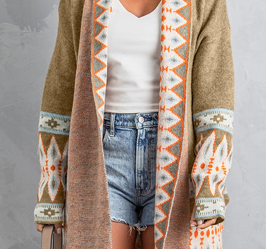 Khaki Aztec Print Open Front Knitted Cardigan