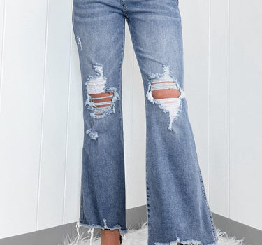 Dusk Blue High Rise Ripped Distressed Hem Flared Jeans