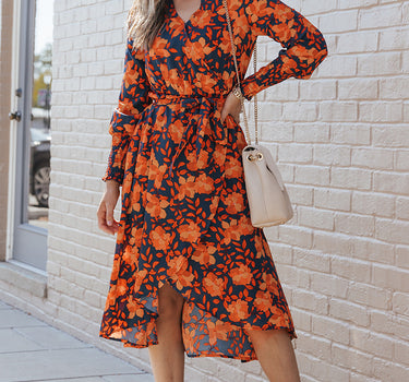 Orange Floral Print Faux Wrap Belted Dress